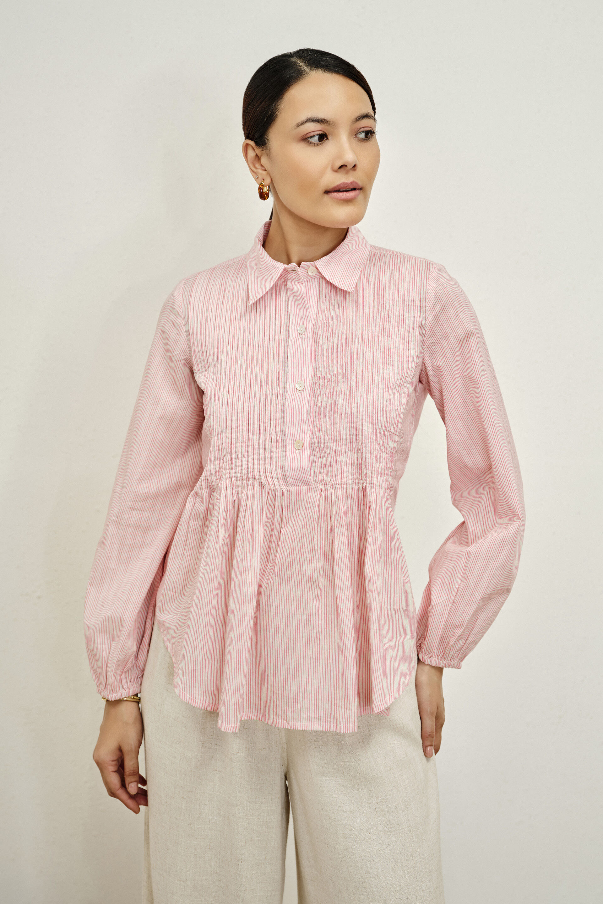 Rosalina Pleated Cotton Shirt, Pink, image 1